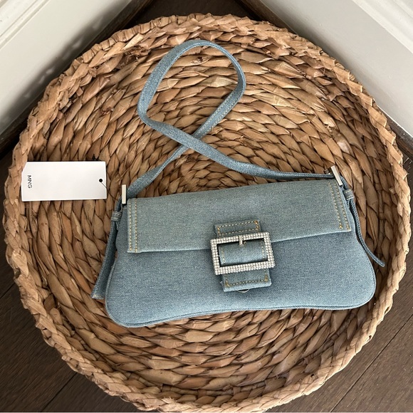 NWT Mango Denim Shoulder Bag with Crystal Buckle - Picture 2 of 12